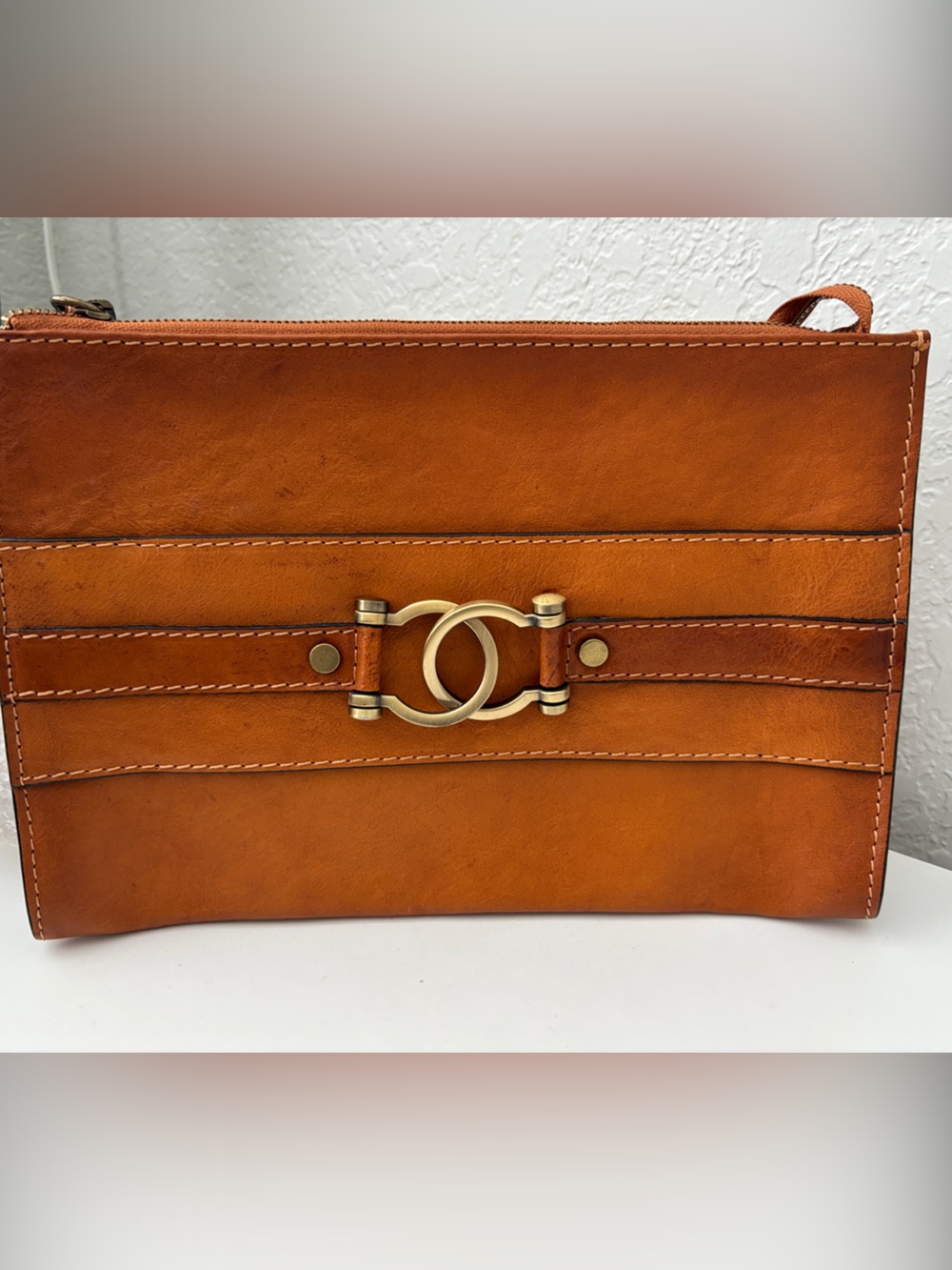 Italian Leather Zip Clutch with Brass Ring Accent - Tan